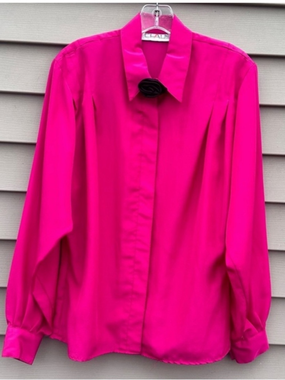 Vintage Secretary blouse top hot pink black rose neck tie